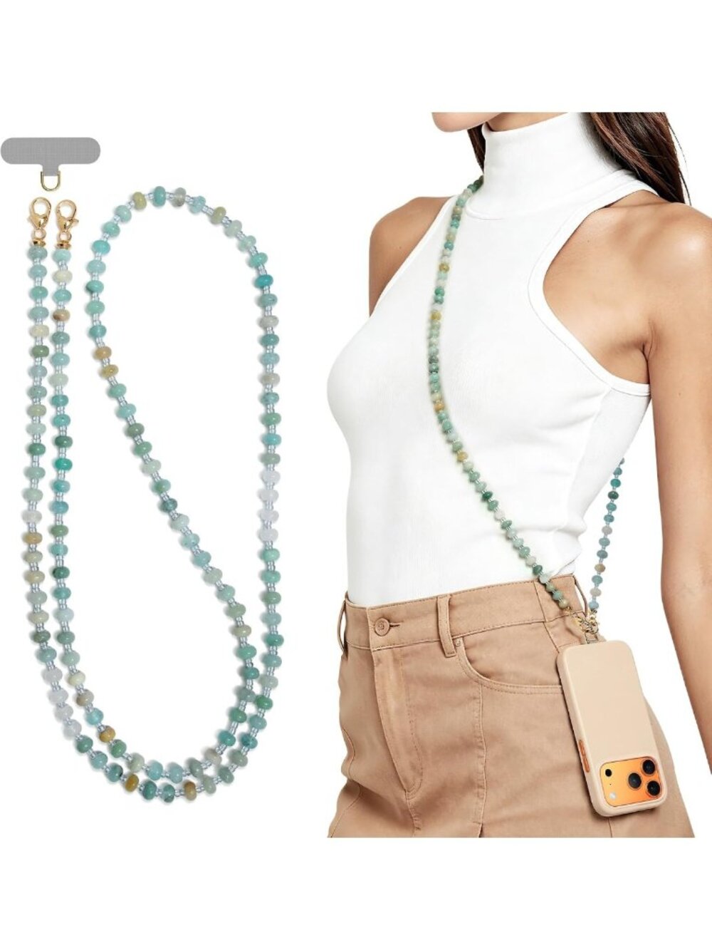 Stylish Natural Stone Phone Lanyard, Crystal Beaded Crossbody Strap, Hands-Free